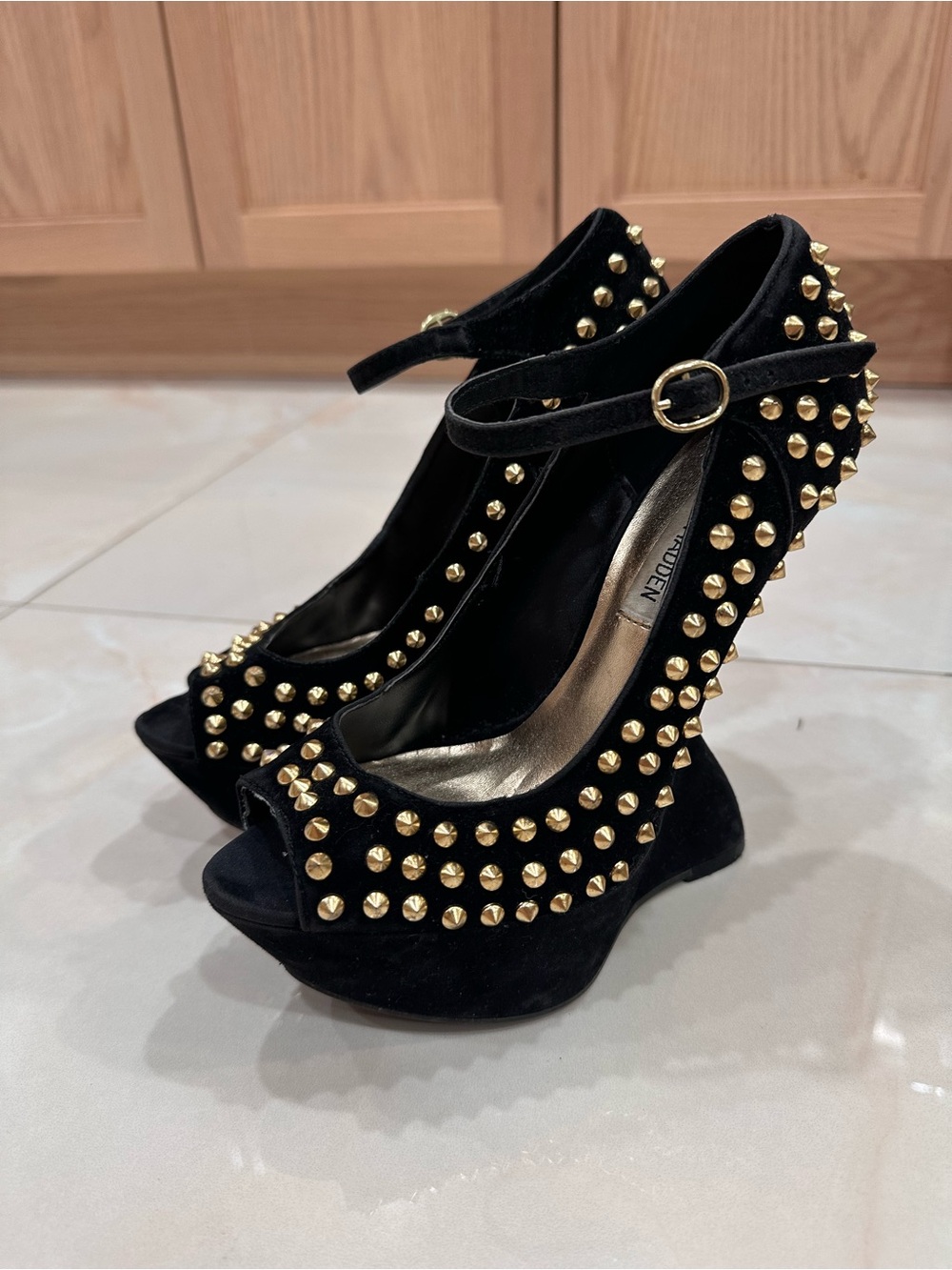 Steve Madden Black Studded Peep-Toe Wedge Heels with Gold Studs